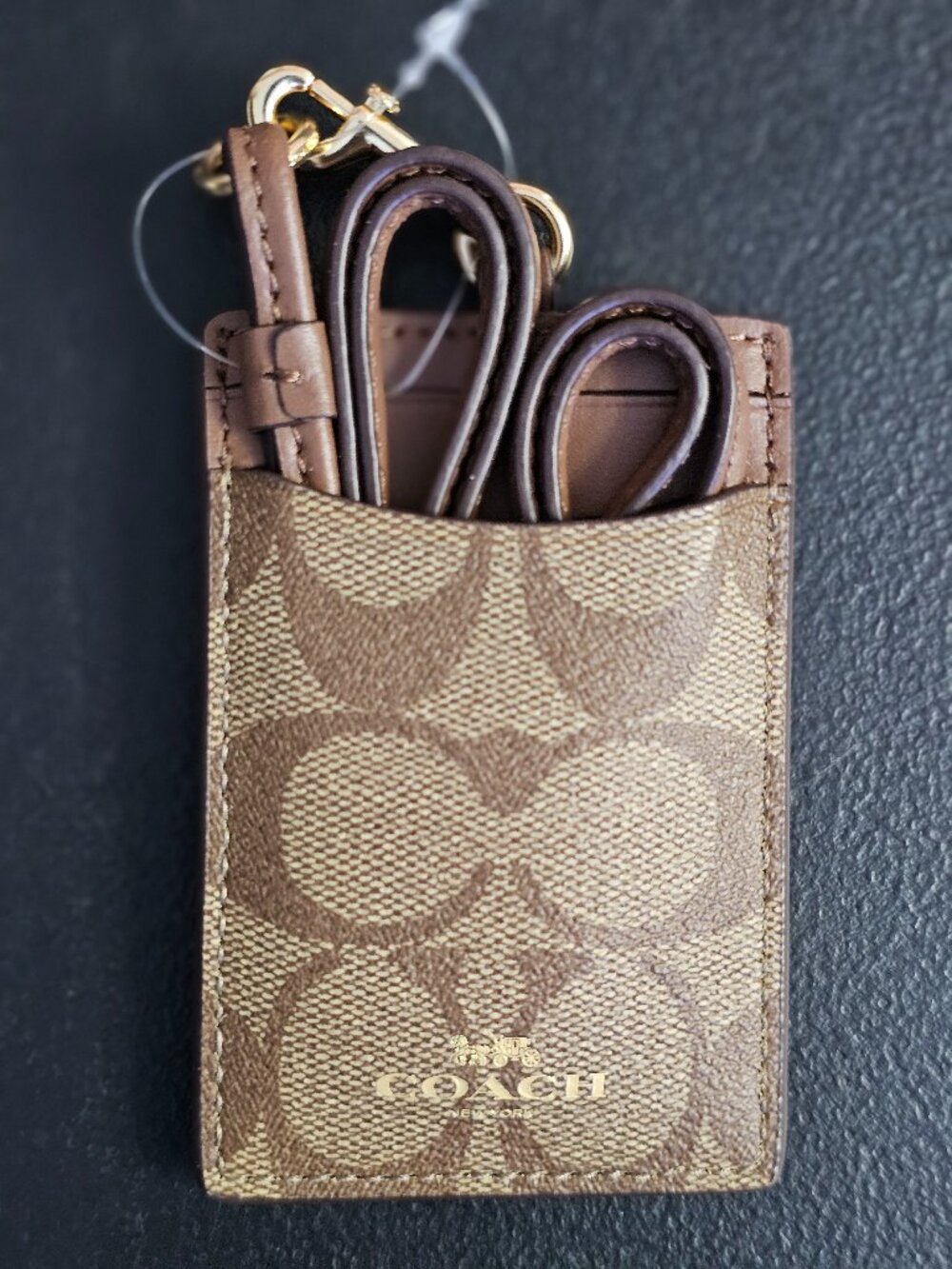 Coach 63274 Signature Canvas ID Lanyard Khaki Saddle 2 Gold NWT